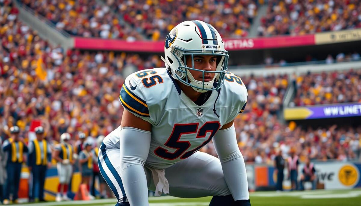 American football player in a ready stance on the field, wearing a full uniform with a helmet and shoulder pads, focused expression, vibrant stadium background with cheering fans, day game atmosphere, realistic details. https://www.lines.com/