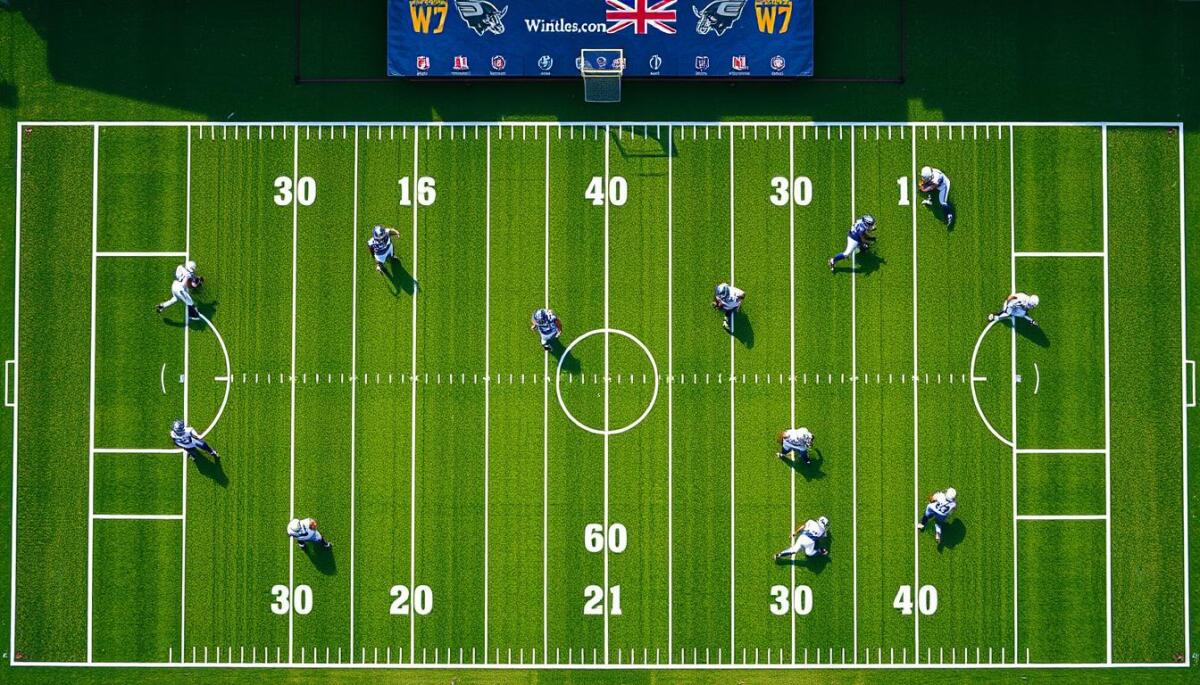 An aerial view of a football field showcasing the 11 NFL positions clearly marked, vibrant colors, detailed player silhouettes representing each position, strategic formations, clean and professional layout, emphasis on teamwork and strategy.