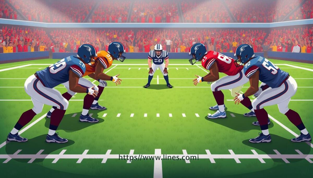 An illustration depicting an American football offensive line formation, showcasing five players in various stances on a grass field, emphasizing their protective role around a quarterback. The players are wearing helmets and jerseys, displaying distinct colors and numbers, highlighting their positions: left tackle, left guard, center, right guard, and right tackle. The background features a stadium with cheering fans, creating an energetic atmosphere. 